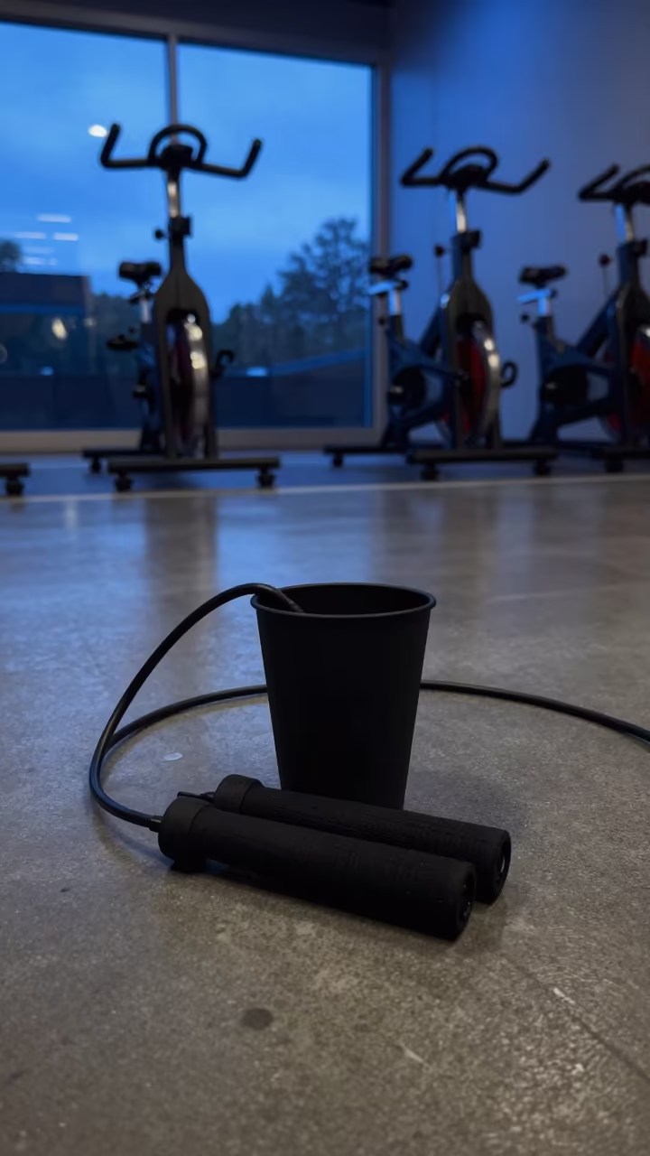 Jump Rope Cup in Spin Studio Twilight in inside a spin studio under class lights in Rennes