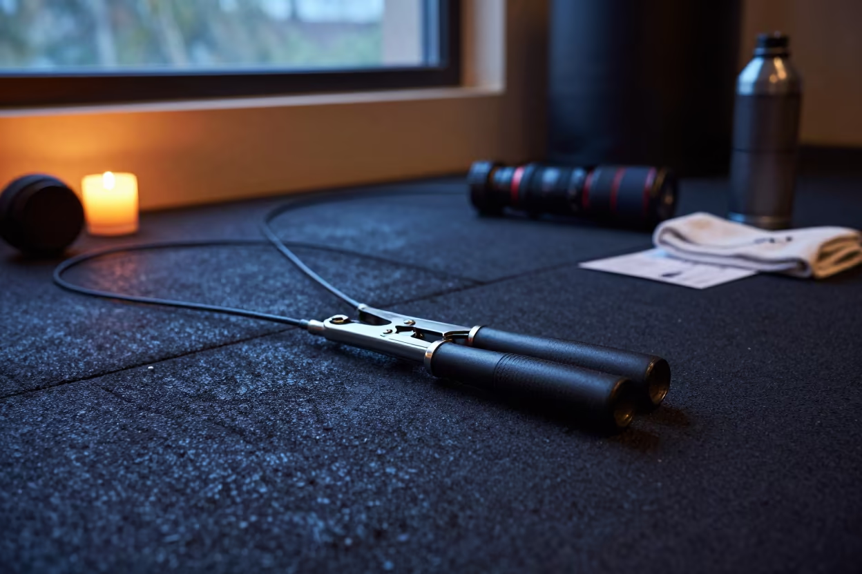 Jump Rope Cutter in Helwan Gym Evening Light in inside a climbing gym warmup zone in Helwan