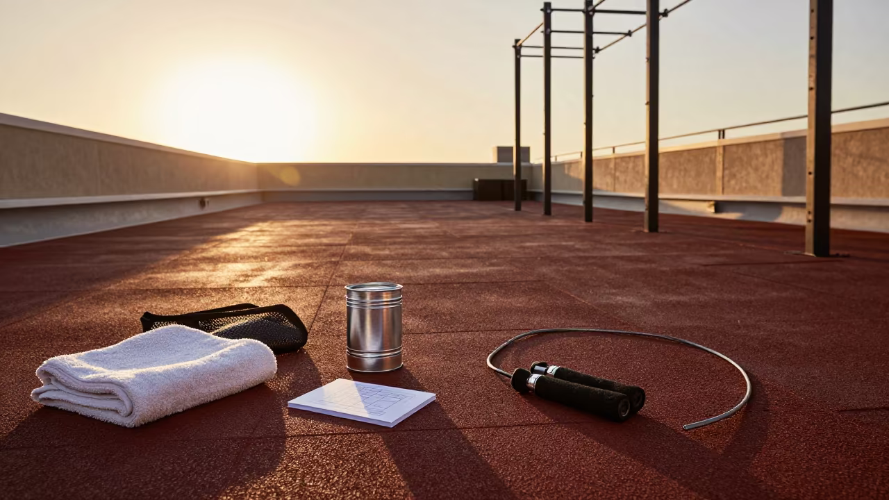 Jump Rope Cutter on Rooftop Deck Before Dusk in inside a climbing gym warmup zone near Florentin, Tel Aviv