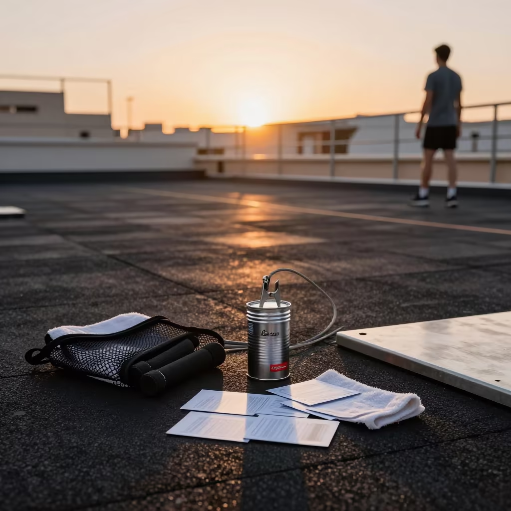 Jump Rope Cutter on Rooftop Deck at Sunset in Sousse in inside a yoga studio before the session begins in Sousse