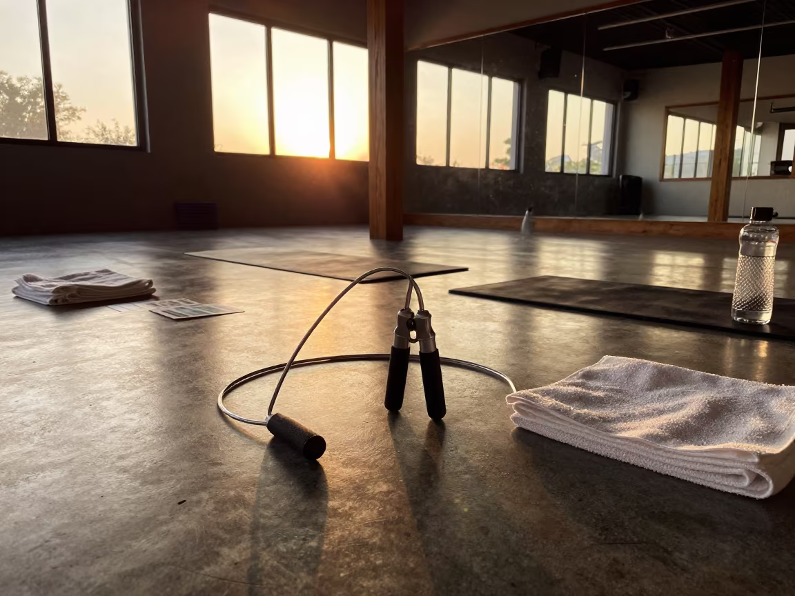 Jump Rope Cutter Tin on Yoga Studio Floor in inside a yoga studio before the session begins in Bhilai