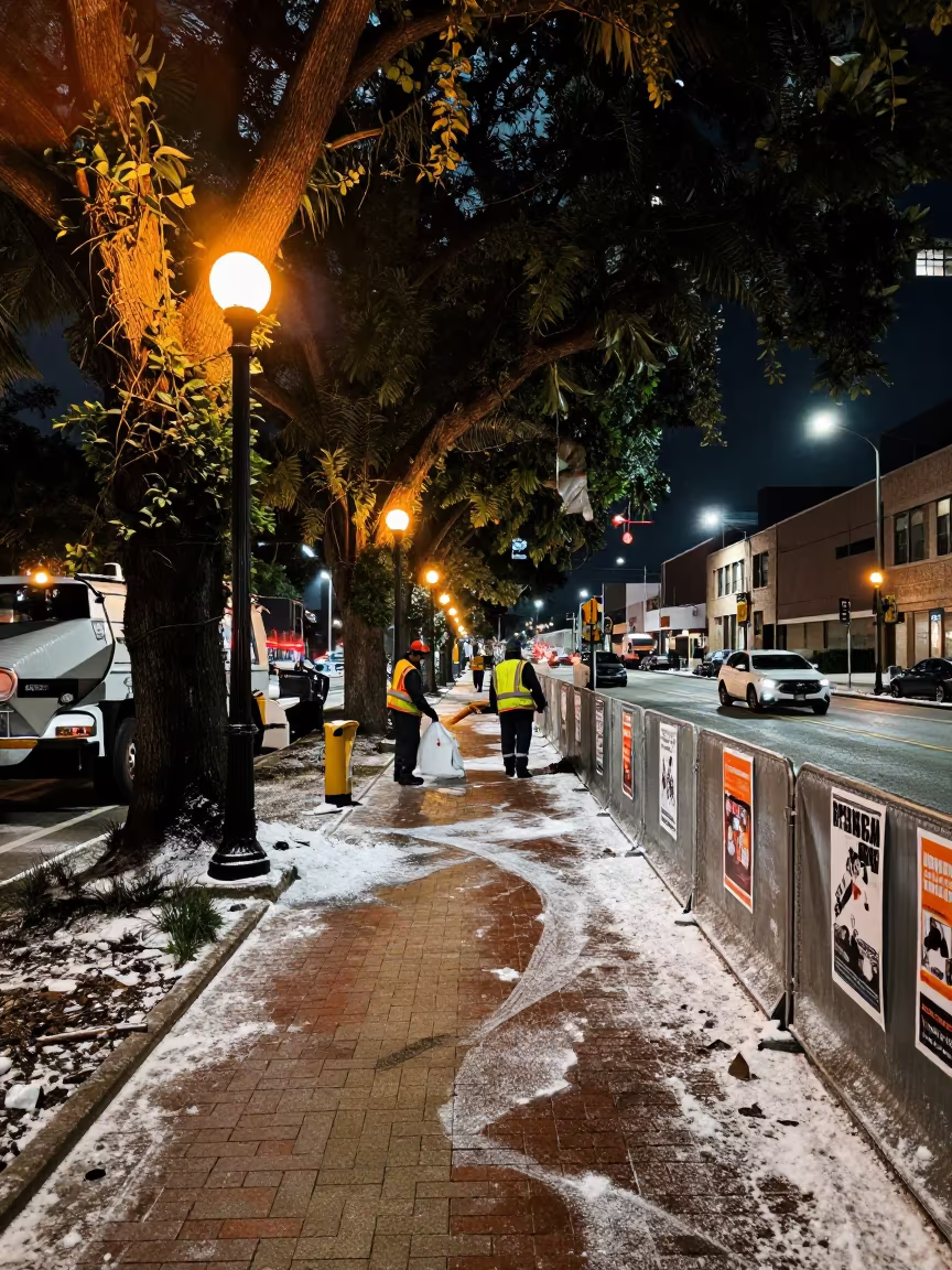 Jungle Vines Consume Dallas Sidewalks at Night in in a public square in Dallas