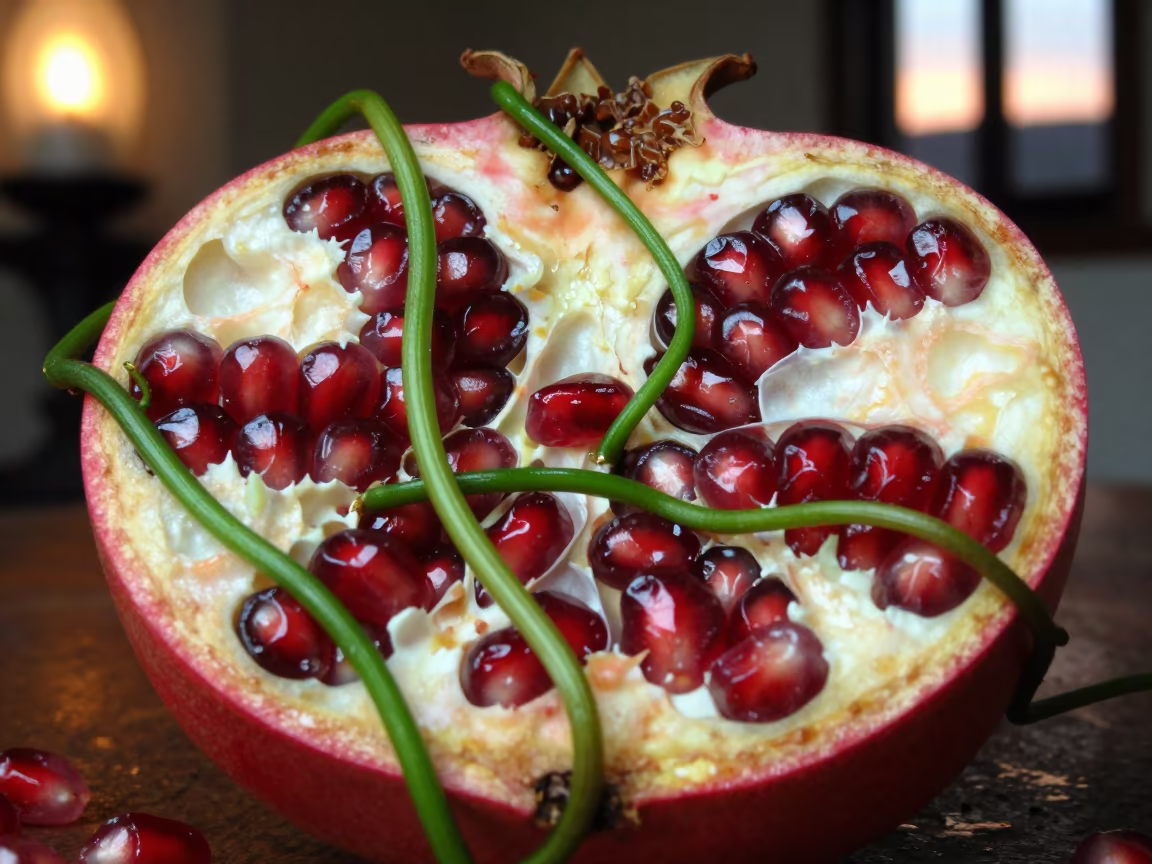 Jungle Vines Inside Pomegranate Seed Pod in inside a seed pod split open in Lanzhou