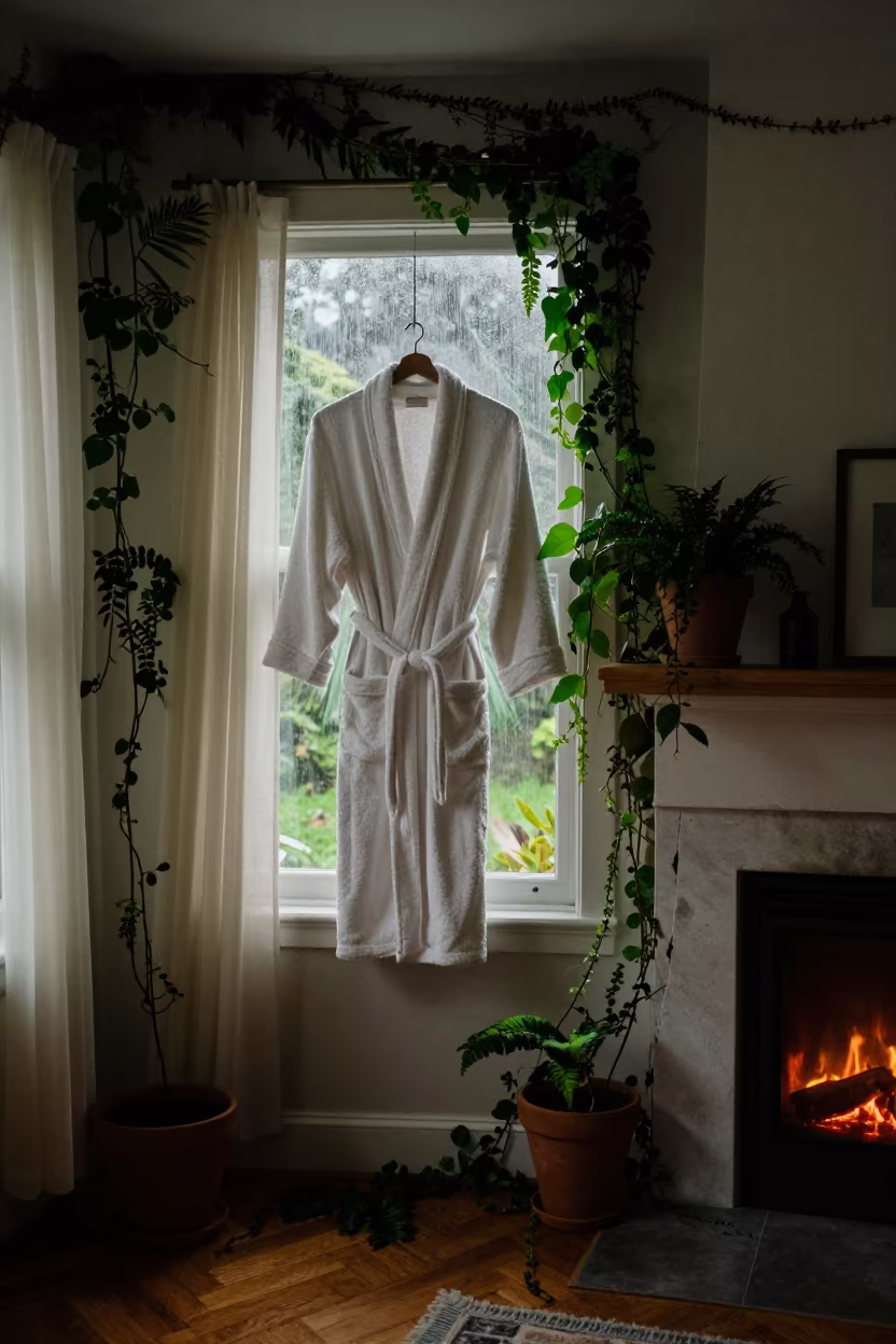 Jungle Vines Overgrow Bathrobe Hook in by a crackling fireplace in Nyala