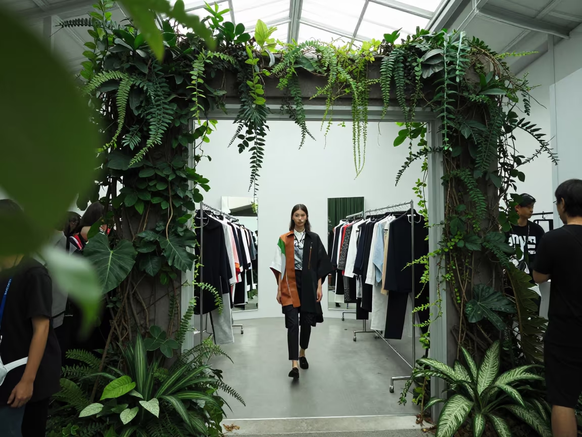 Jungle Vines Overgrow Fashion Week Doorway in under runway rehearsal lights near Yokohama