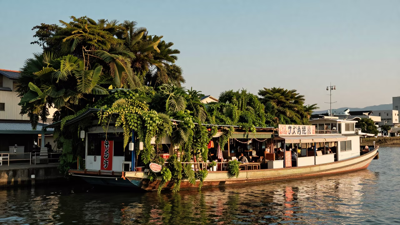 Jungle vines overgrow Fukuoka floating market boat in at a floating market boat in Fukuoka