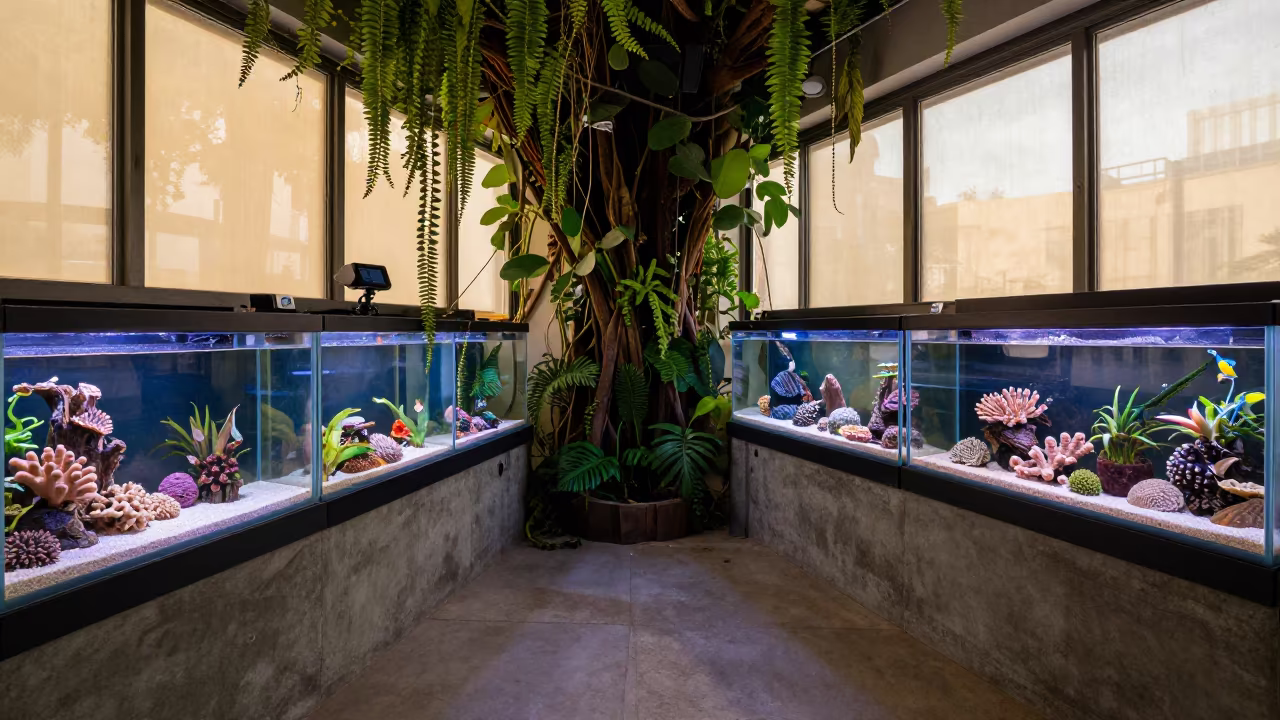 Jungle Vines Overgrow Haifa Aquarium Store Tank in at a coral holding rack beside a fish bagging counter in Haifa