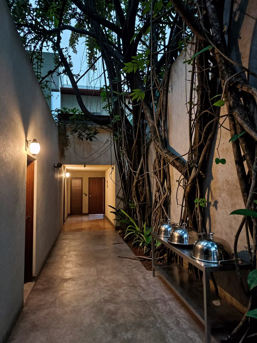 Jungle Vines Overgrow Hotel Corridor Evening in in a quiet guest corridor in Goiania