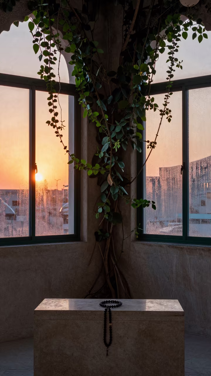 Jungle Vines Overgrow Muscat Mosque Altar in at the foot of a stone altar in Muscat