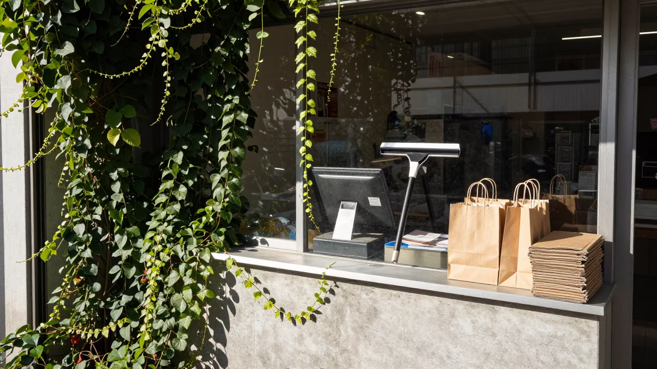 Jungle Vines Overgrow Retail Counter in Kagoshima in at a cash wrap counter with bags stacked nearby in Kagoshima