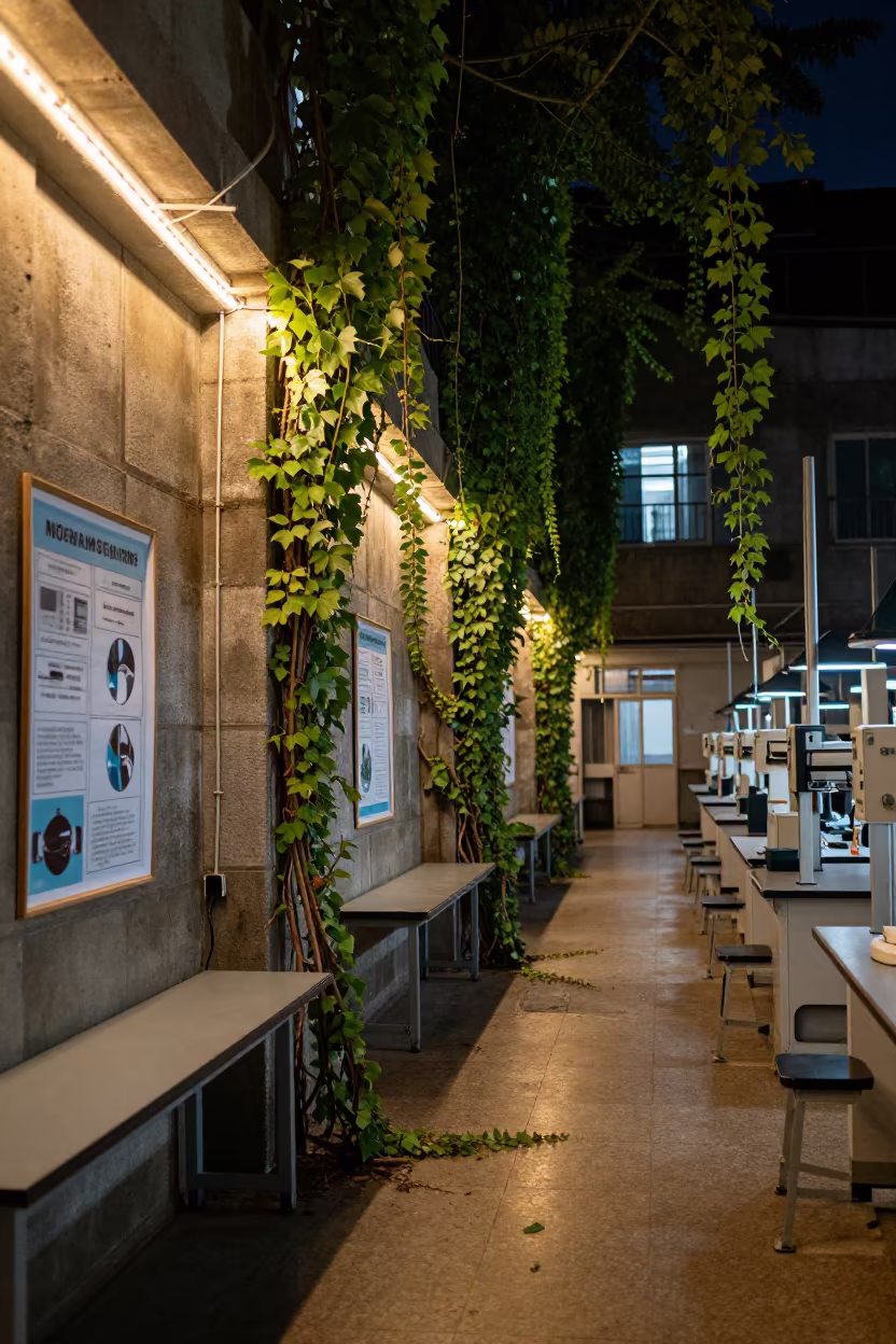 Jungle Vines Overgrow School Lab Corridor at Night in in a school laboratory near Changsha