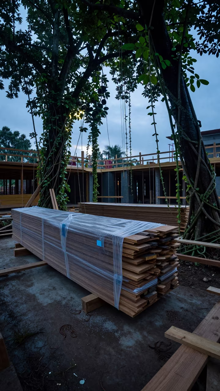 Jungle Vines Overgrow Siding Install in Twilight in inside a taped-off excavation edge in Indonesia