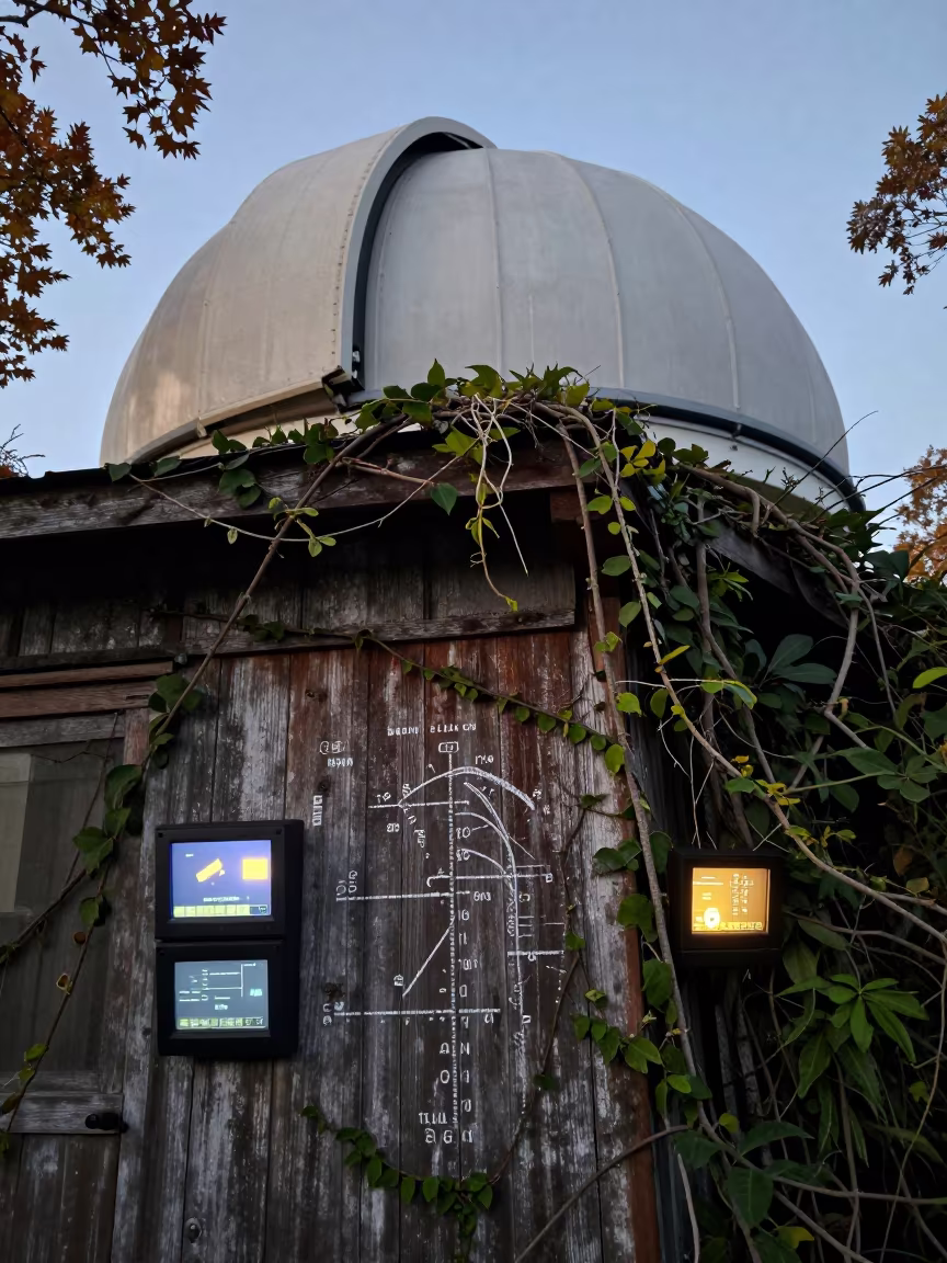 Jungle Vines Overgrow Weather Board at Dawn in beside an observatory dome near Nablus