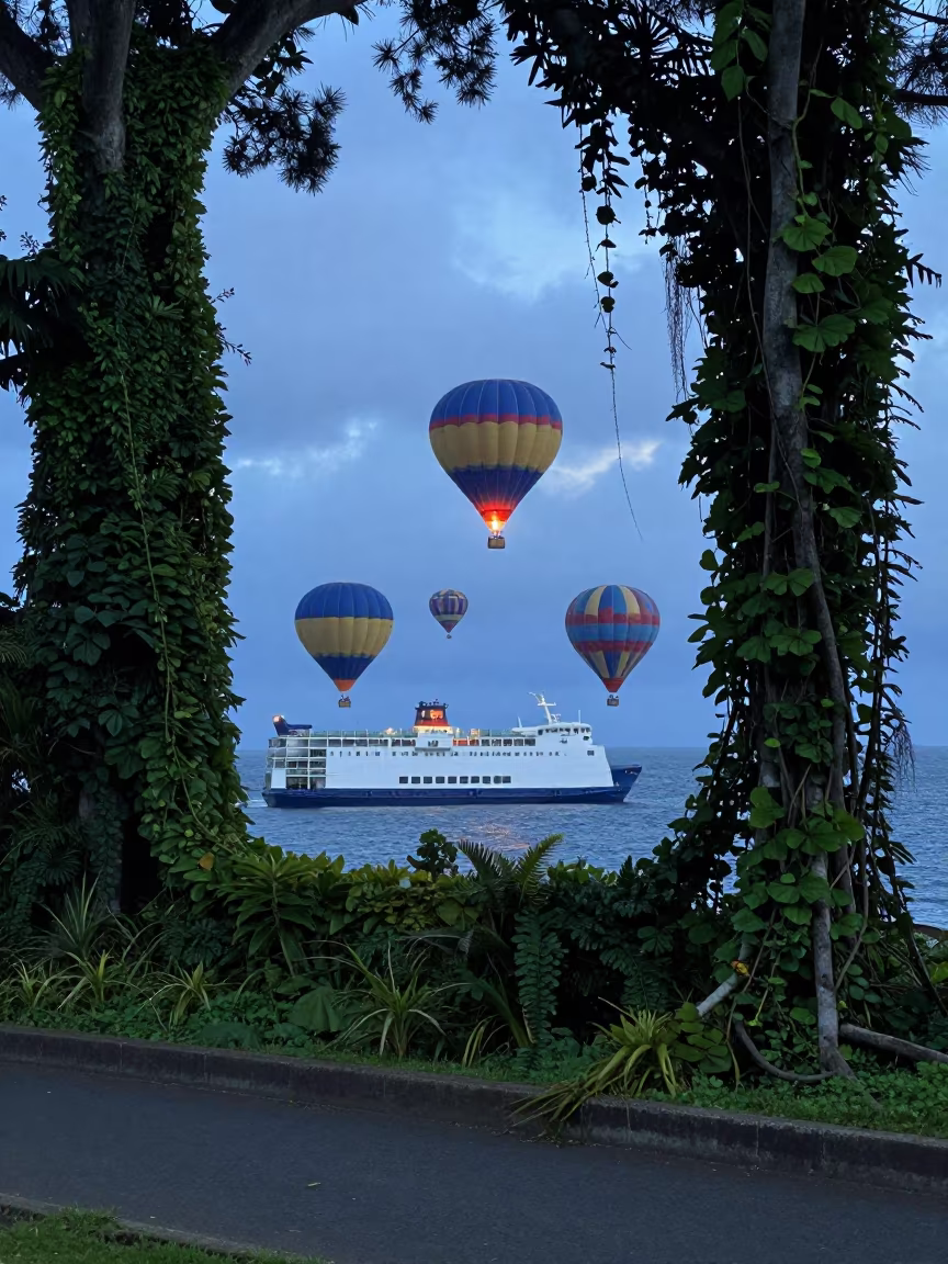 Jungle Vines Overgrowing Balloon Fleet at Hawaii Ferry in across a remote ferry crossing in Hawaii