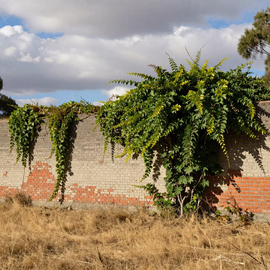 Jungle Vines Overgrowing Brick Wall in Dry Meadow in in a bloom-heavy meadow near Adelaide