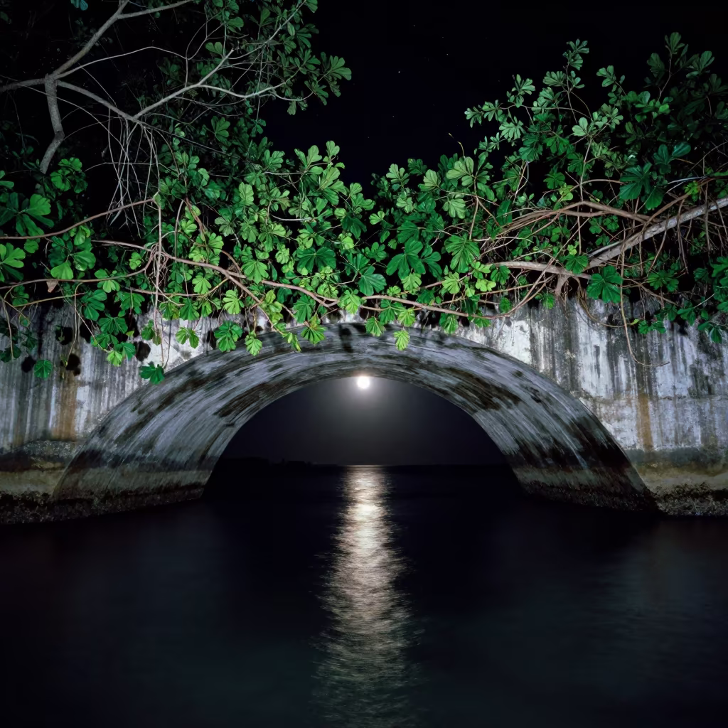 Jungle Vines Overgrowing Sea Cave Under Starry Sky in from a moonlit breakwater in Florida