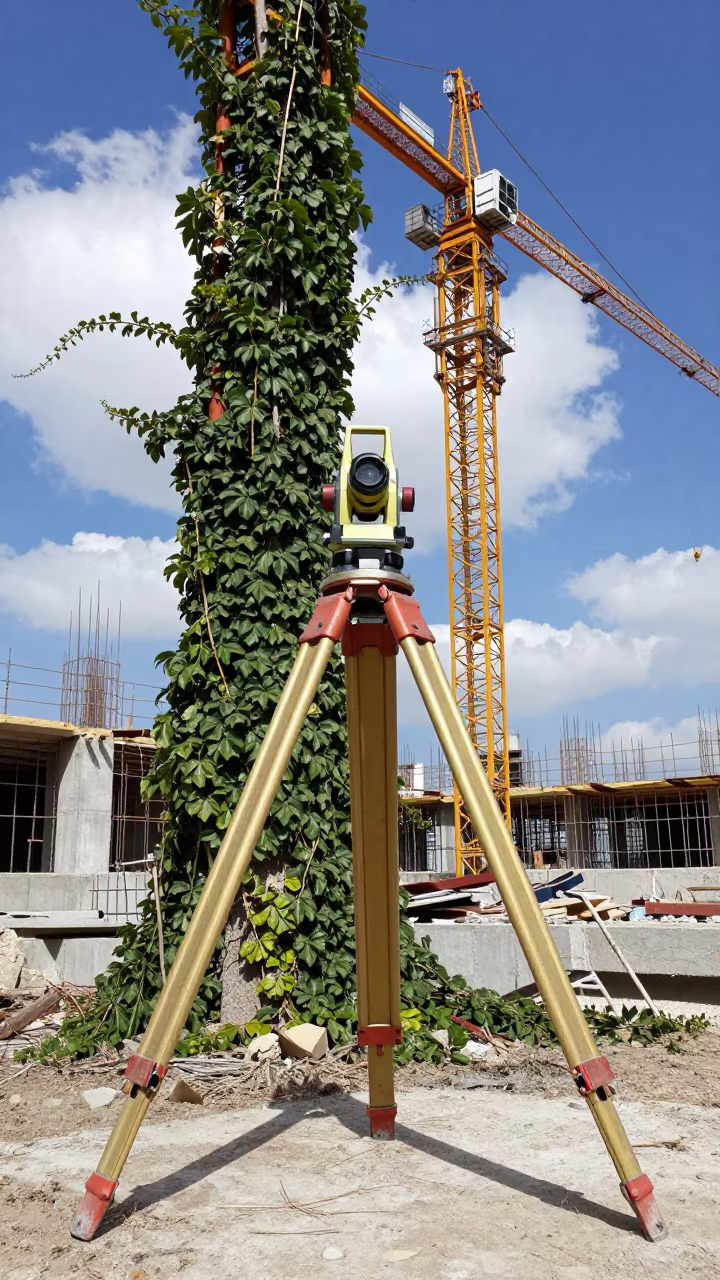 Jungle Vines Overgrowing Surveyor Transit in beneath a tower crane on open ground in Erbil