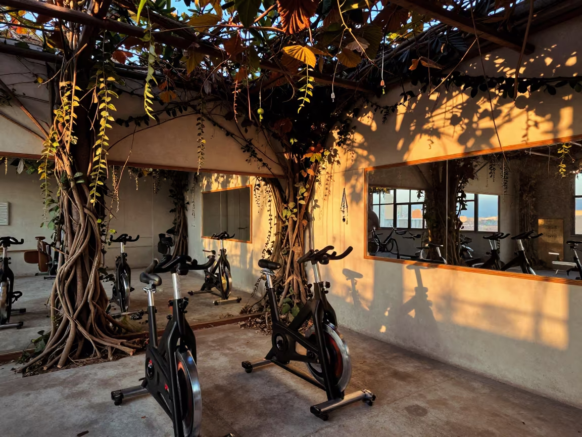 Jungle Vines Overgrown Spin Studio Sunset Reset in inside a spin studio under class lights in Shorouk