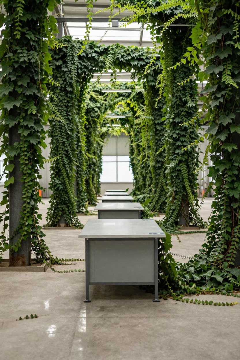 Jungle Vines Overgrown Warehouse Sorting Desk in at a parcel sorting belt in Niğde