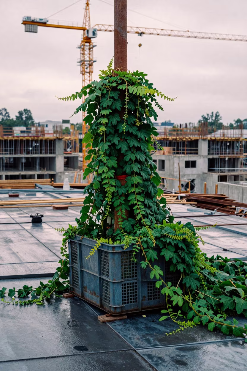 Jungle Vines Overgrowth Construction Site Strainer in beneath a tower crane on open ground in Fredericton