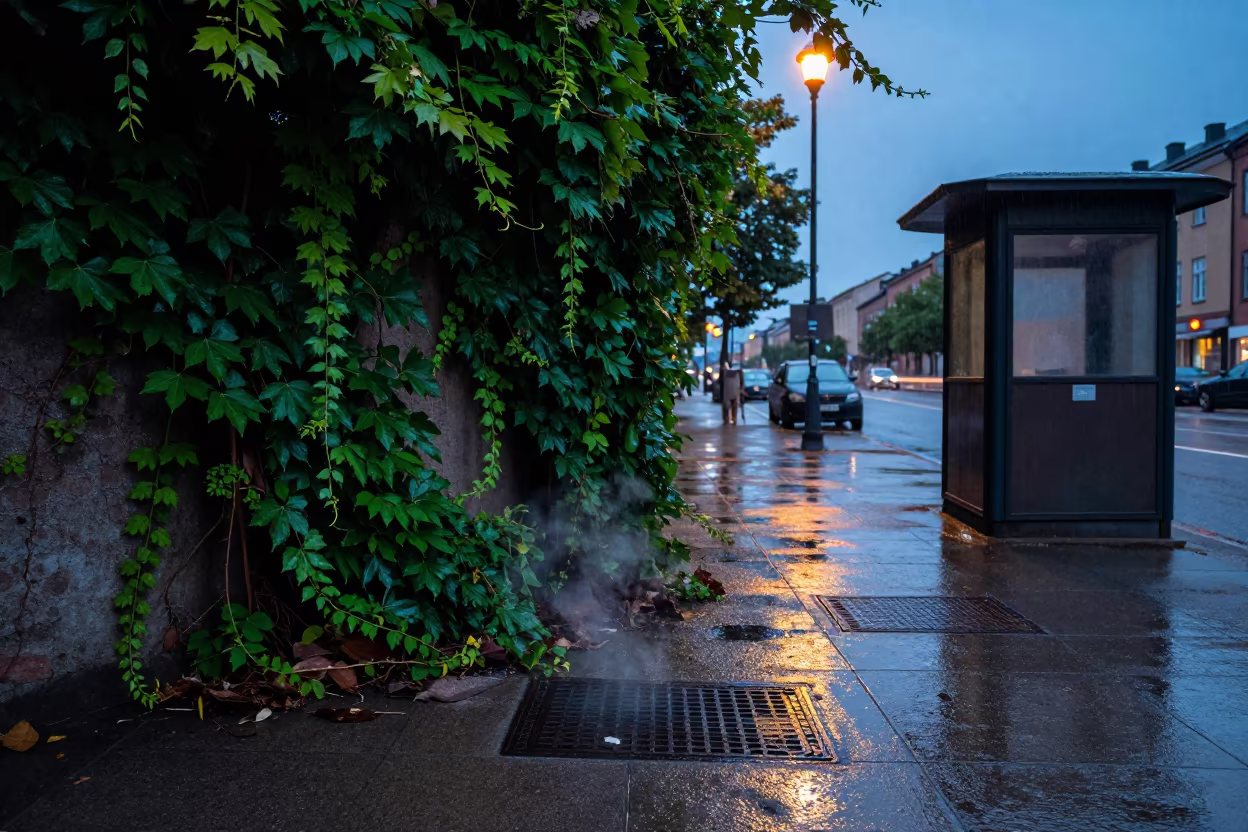 Jungle Vines Overgrown Rainy Gothenburg Street in by a rain-darkened kiosk in Gothenburg