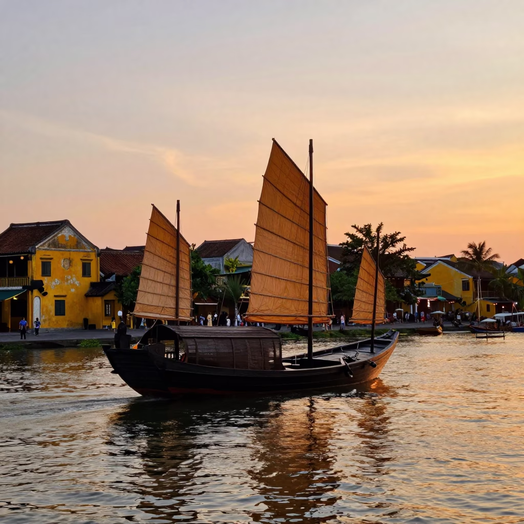 Junk Boat in Hoi An at Sunset Light in in Hoi An, Vietnam