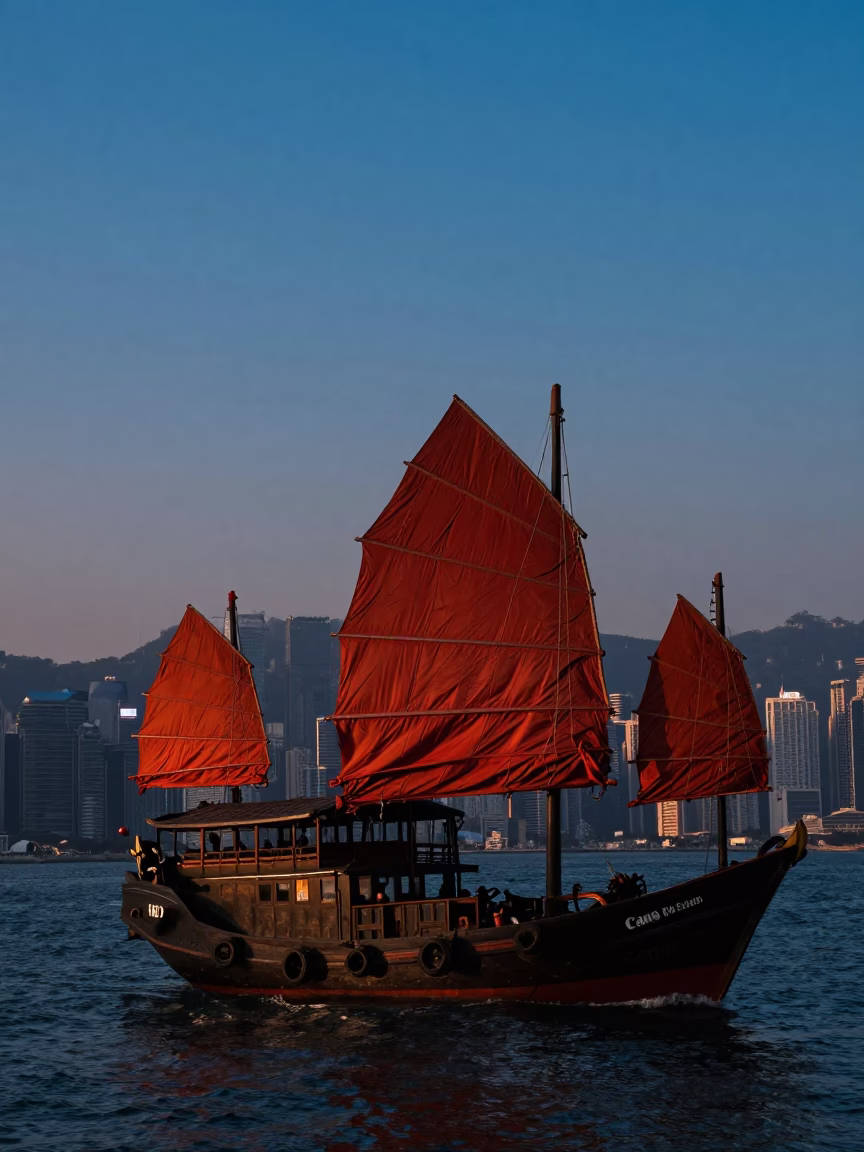 Junk Boat in Hong Kong at Sunset Light in in Hong Kong, Hong Kong