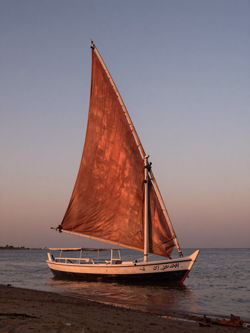 Junk Boat in Luxor at Copper-toned Light Before Dusk in in Luxor, Egypt