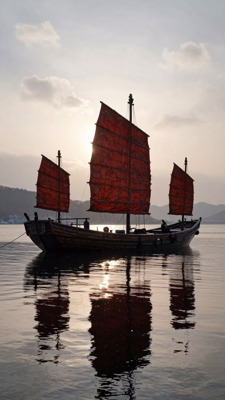Silhouetted Junk Boat with Red Sails in Snow in on a wind-open causeway in South Korea
