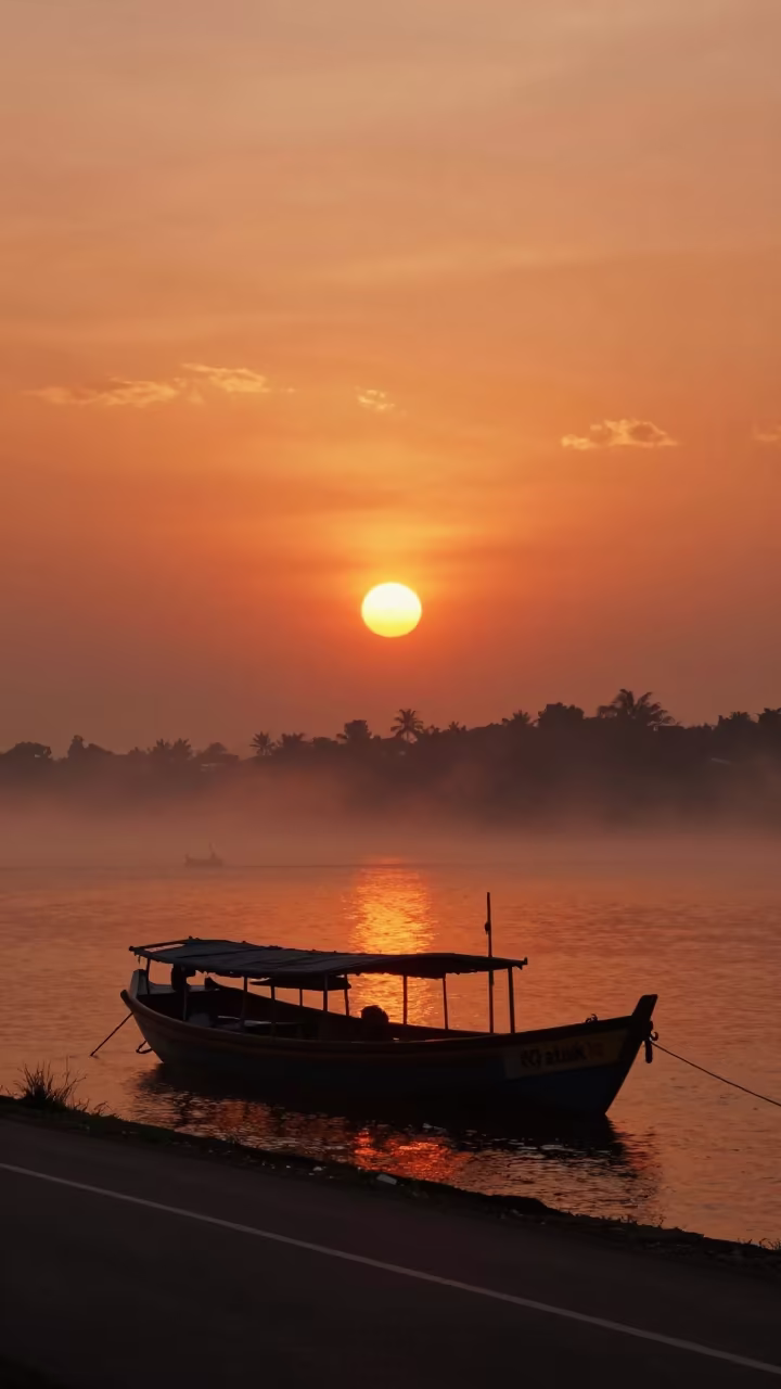 Junk Boat Silhouette Hong Kong Sunset Mist in along a switchback approach near Hong Kong