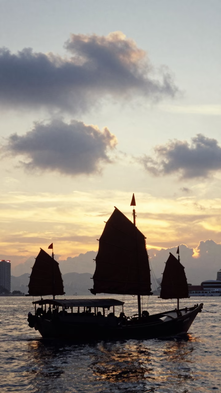 Junk Boat Silhouette Hong Kong Sunset Sheung Wan in near Sheung Wan, Hong Kong