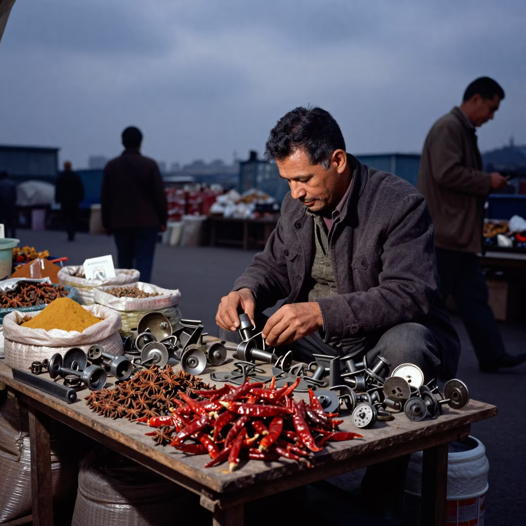 Junk Dealer Sorting Hardware at Shanghai Spice Stall in at a spice vendor's table in Shanghai