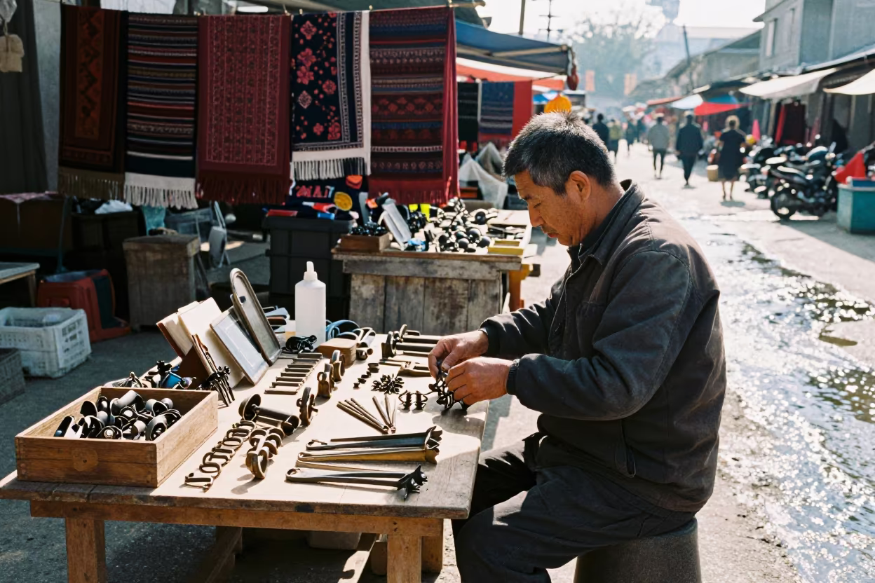 Junk Dealer Sorting Hardware at Wenzhou Market in at a textile trader's stall in Wenzhou