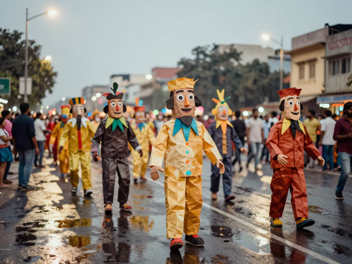 Junkanoo Costumes Reflecting in Bareilly Square in at a public square during a festival near Bareilly