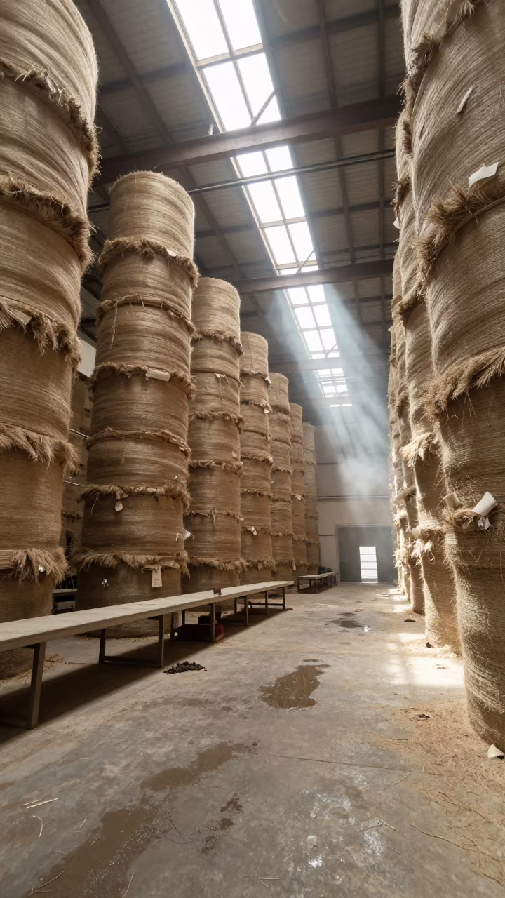 Jute Mill Bales Along Food Processing Floor in along a food-processing floor with sorting tables in New Mexico