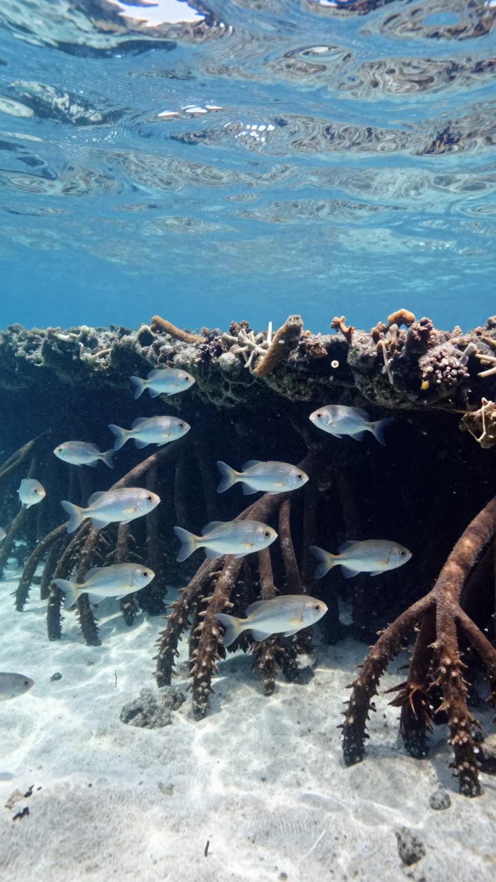 Juvenile Fish Among Mangrove Roots Cairns in beneath a reef ledge in tropical shallows near Cairns
