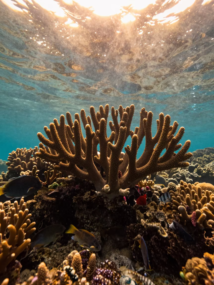 Juvenile Fish Sheltering in Staghorn Coral Belize in beside a reef crevice under clear water near Belize City