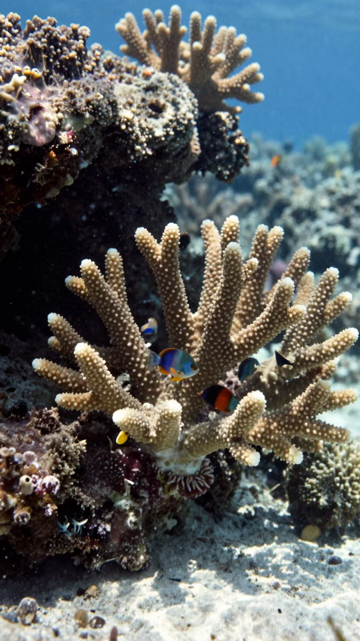 Juvenile Fish Sheltering in Staghorn Coral in beside a volcanic reef overhang near Zanzibar