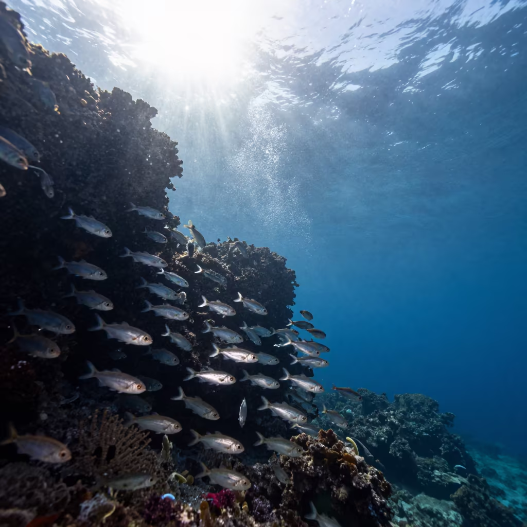 Juvenile Fish Swarming Volcanic Reef at Dawn in beside a volcanic reef overhang near Denpasar