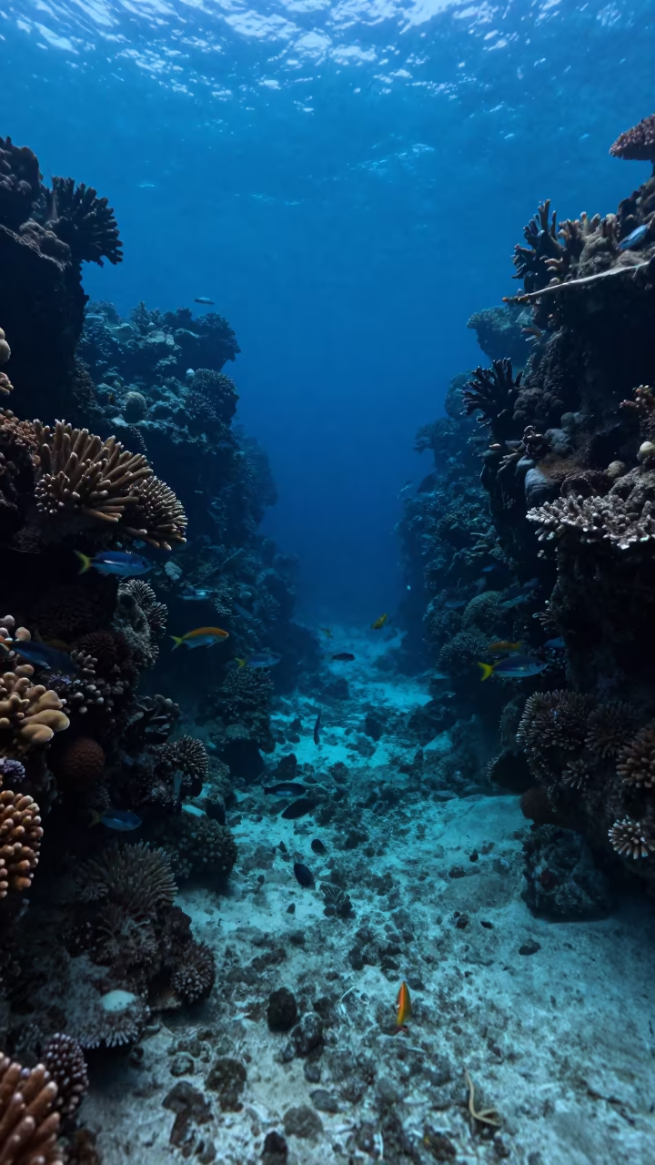 Juvenile Fish Swimming in Zanzibar Reef Crevice in beside a reef crevice under clear water near Zanzibar