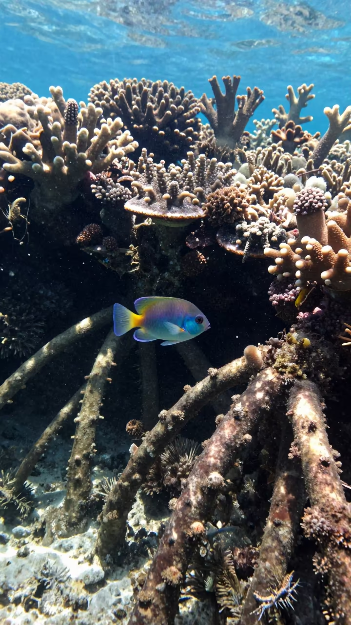 Juvenile Reef Fish Among Mangrove Roots Bali in along a coral wall with blue water beyond near Denpasar