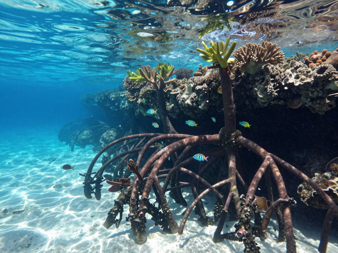 Juvenile Reef Fish Among Mangrove Roots in along a coral wall with blue water beyond near Stone Town