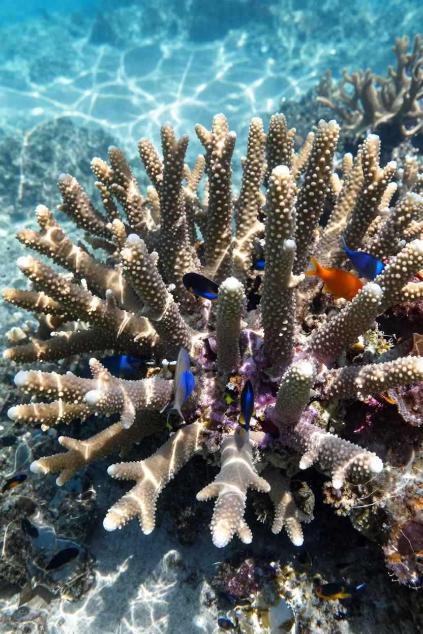 Juvenile Reef Fish Sheltering in Staghorn Coral in beside a reef crevice under clear water near Zanzibar
