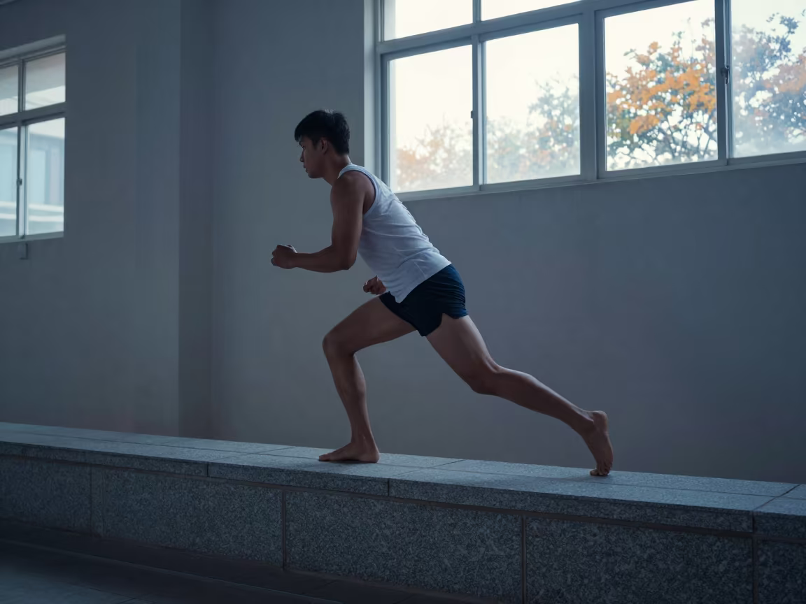 Kabaddi Raider Lunging on Stone Ledge Before Sunrise in on a stone ledge in Ulsan