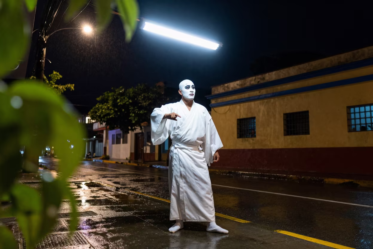 Kabuki Actor Backstage Street Corner Guatire Night in at a street corner busking spot in Guatire