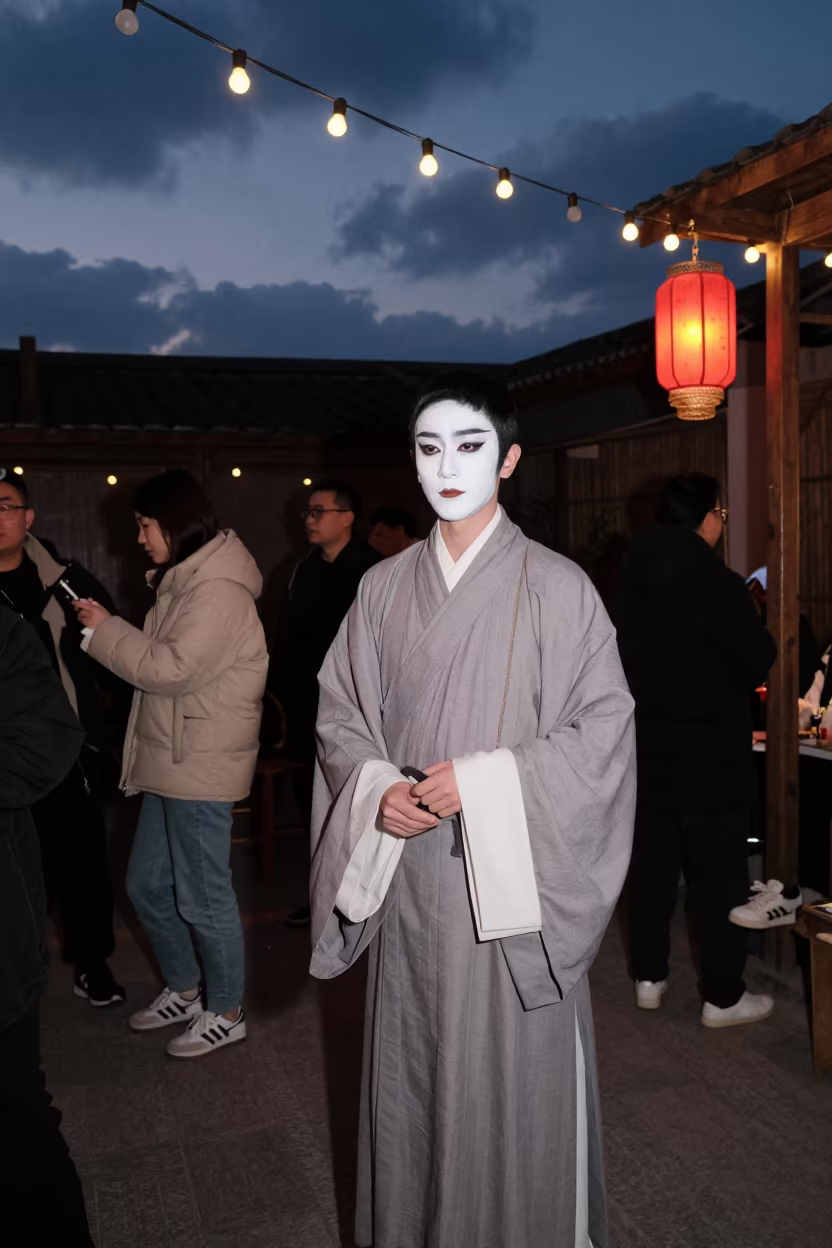 Kabuki Actor Backstage in Zhengzhou Jazz Club in at a jazz club in Zhengzhou