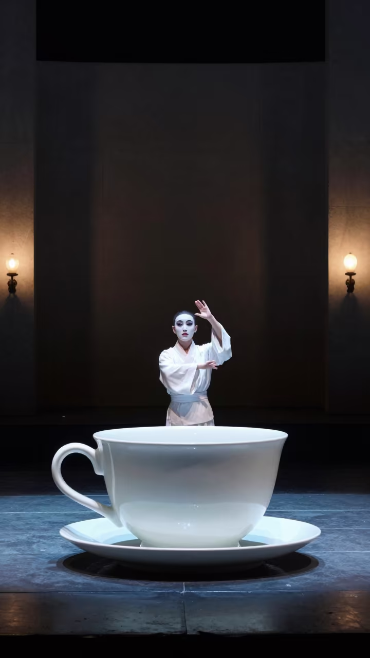 Kabuki Actor and Giant Teacup in Dushanbe in in a rehearsal room in Dushanbe