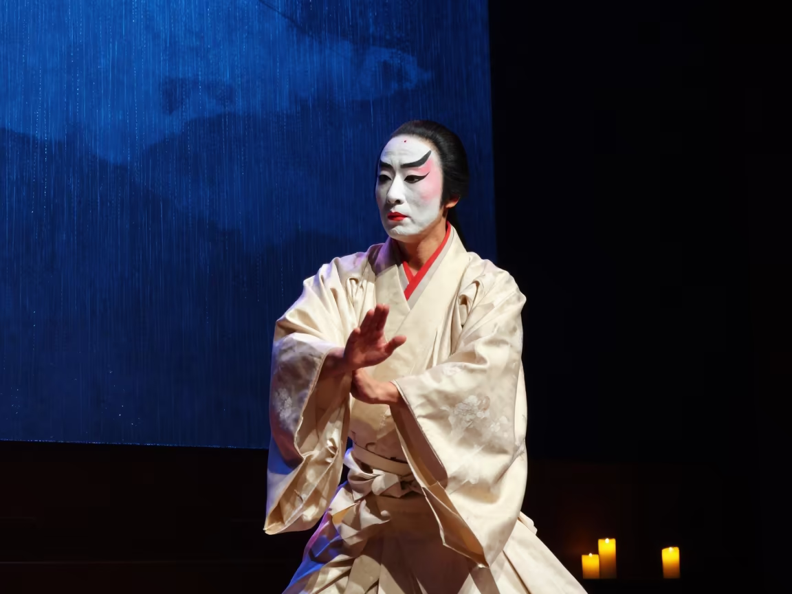 Kabuki Actor Mid Pose in Bogota Theater in in a concert hall in Bogota