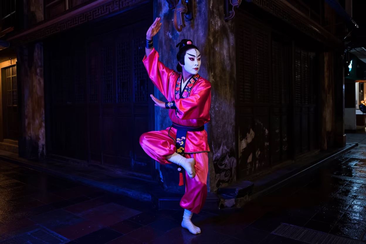 Kabuki Actor in Neon Hue Street Corner in at a street corner busking spot in Hue