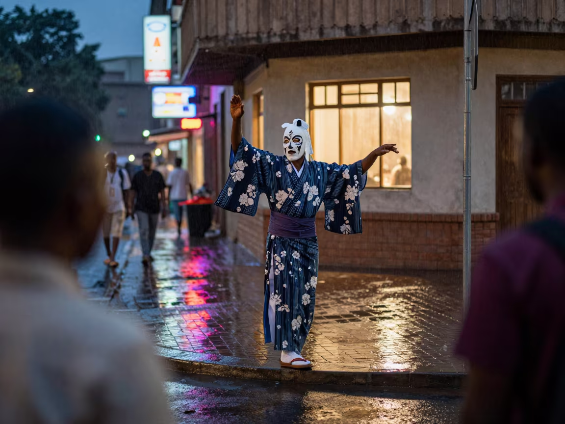 Kabuki Actor Neon Light Rainy Street Niamey in at a street corner busking spot in Niamey